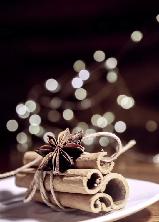 cinnamon sticks wrapped in twine are sitting on a plate