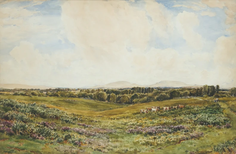 a painting of a landscape with cattle grazing on a field