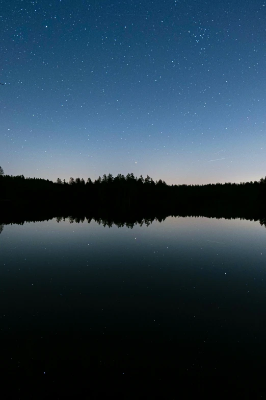 the stars are lit above the calm water