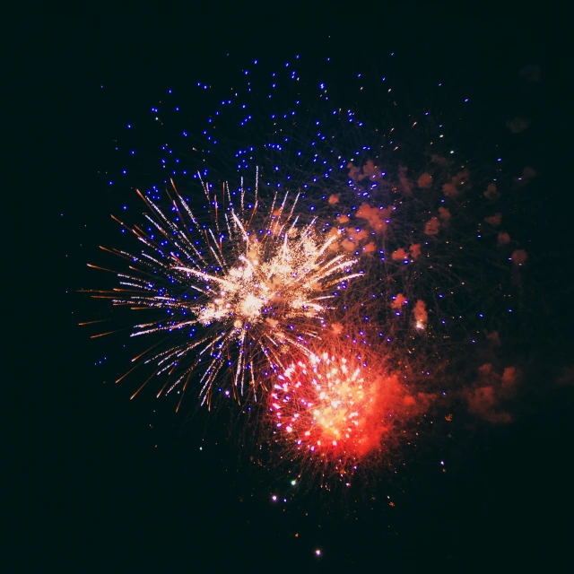 red, white and blue fireworks in the dark sky