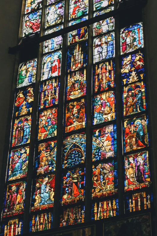 a stained glass window in a very large building