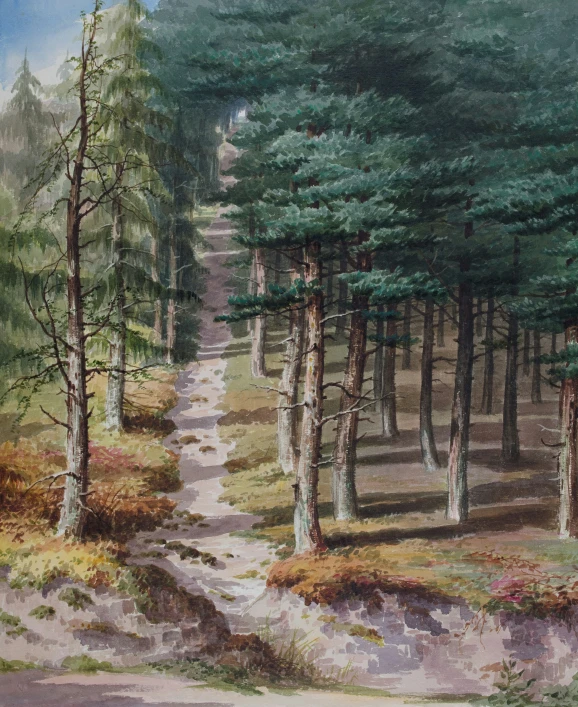 a painting showing several trees in the woods