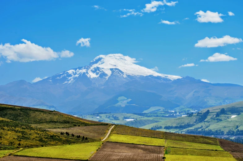 the mountain range is surrounded by lush grass