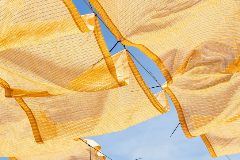 several yellow cloths hanging in the wind