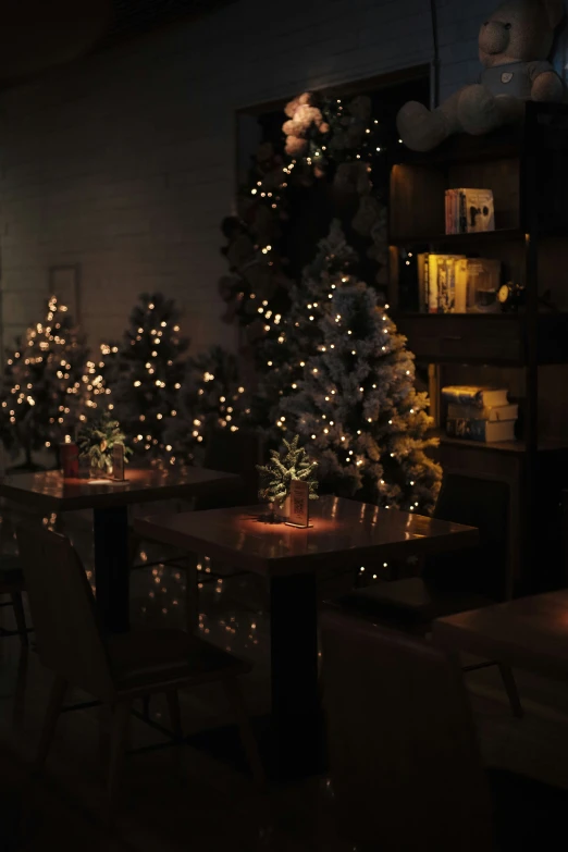 lighted trees in an empty restaurant at night