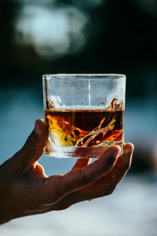 a hand holding a glass filled with liquid