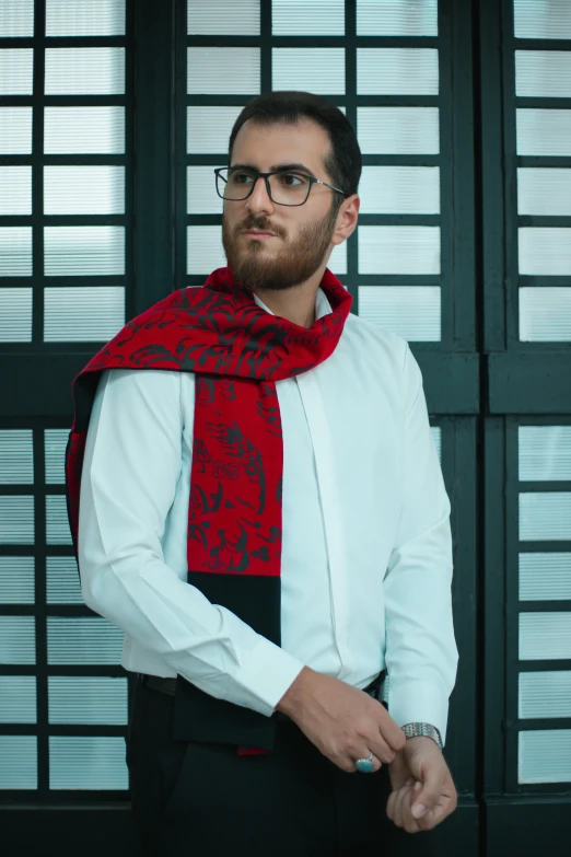 a man in a shirt and red tie posing for a po