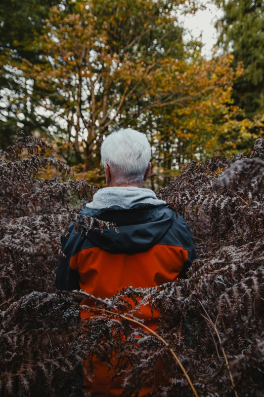 an old man walking through some tall grass