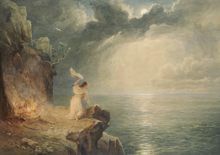 painting of an angel sitting at the edge of the water