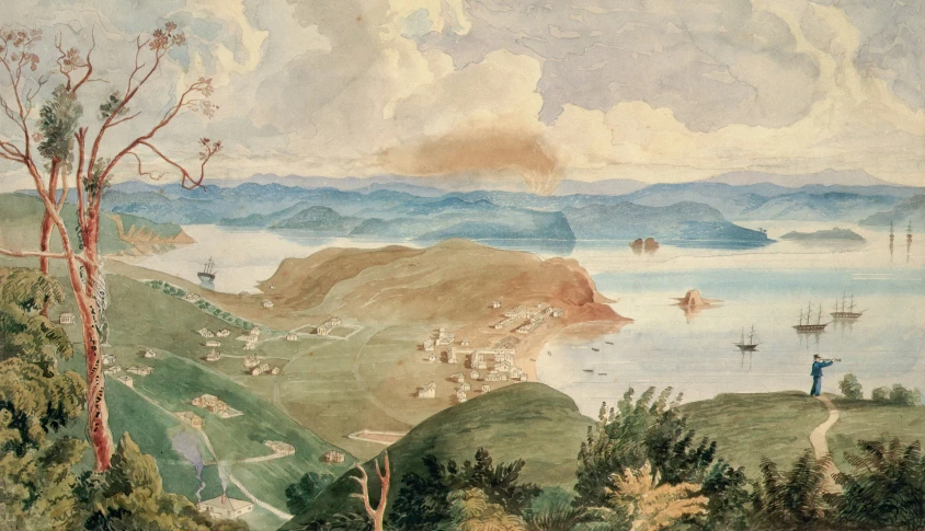 an old painting of several boats on the water