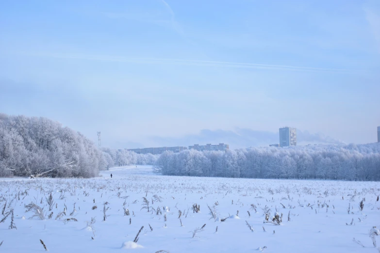 a snowy field with a city in the background