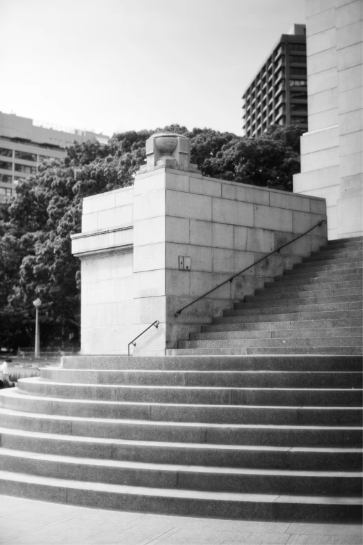 a black and white po of some steps and buildings