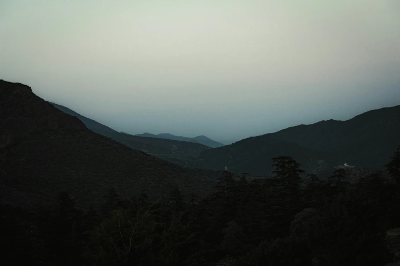 some mountains and trees with fog at night