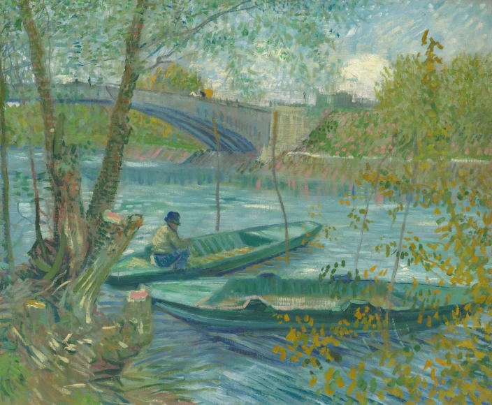 two people sitting in small boats on a river