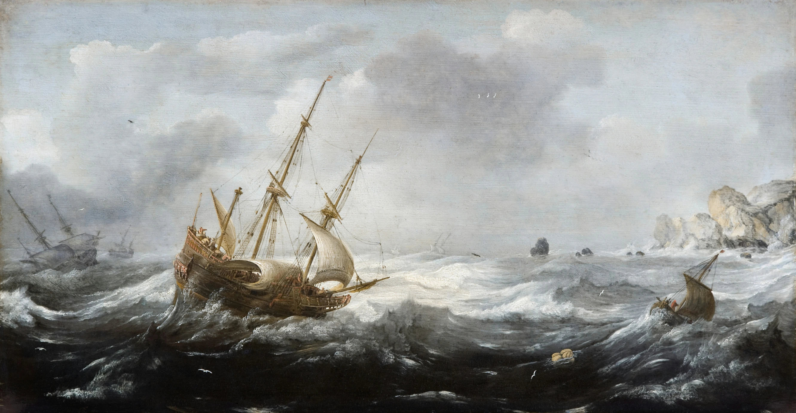 a painting showing a small boat in rough waters with others approaching and approaching