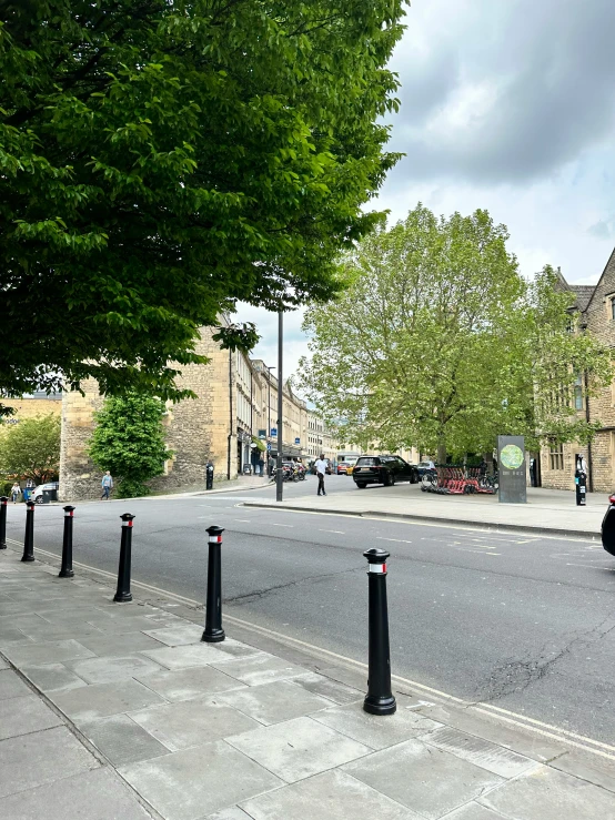 a street with a lot of black metal posts on the sides