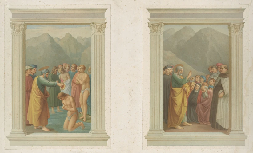 a painting of jesus and other figures and people