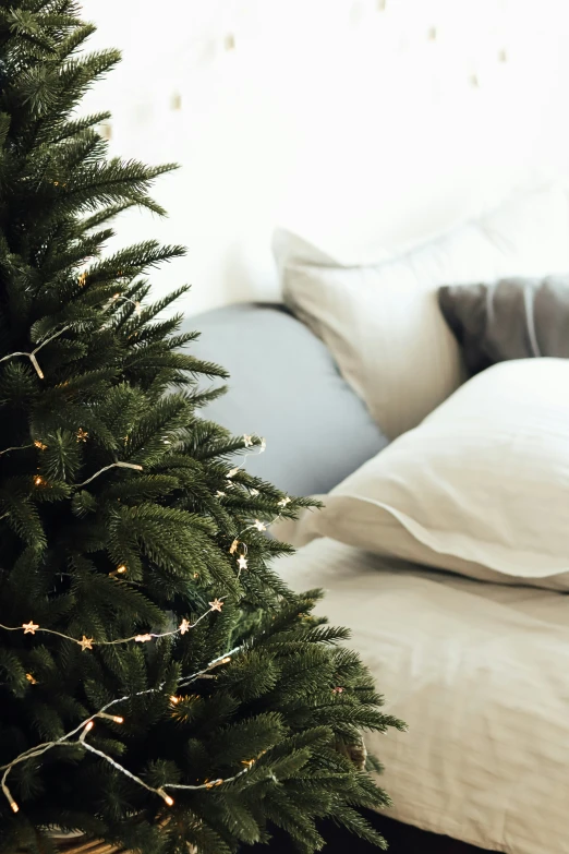 a christmas tree on a sofa near pillows