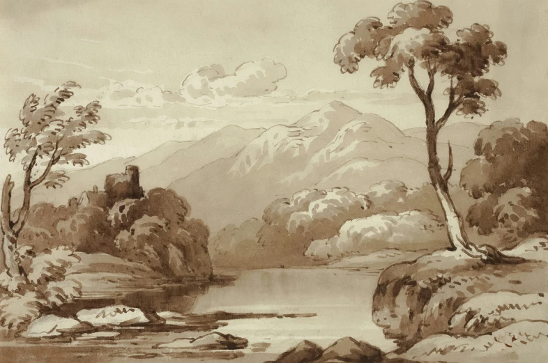 an ink drawing of a mountain stream