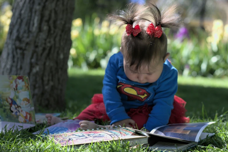 a  sitting on the grass reading a book