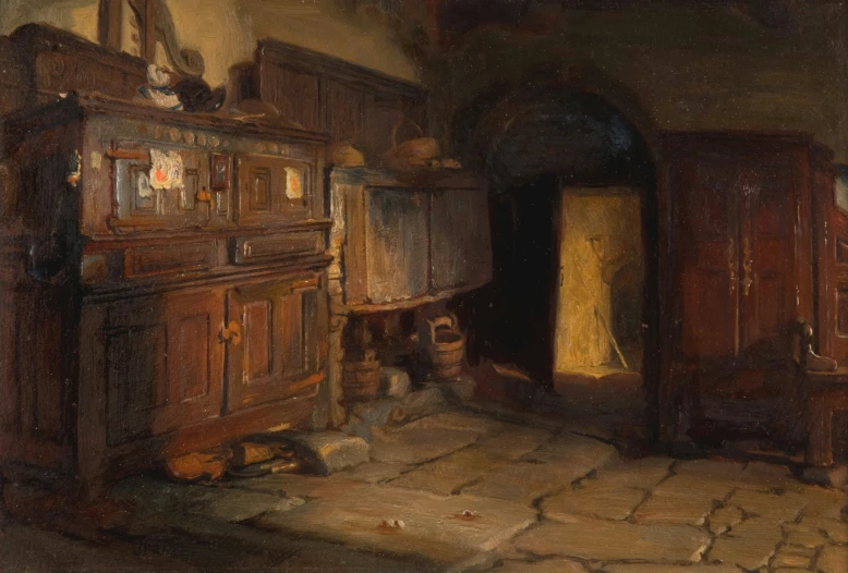 an old fashioned dresser next to a stone floor in a room