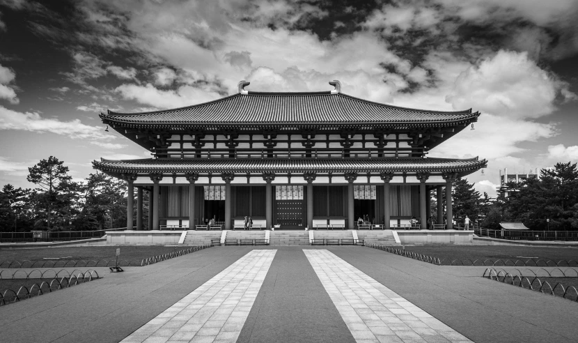 a black and white po of a asian style building