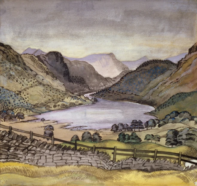 an old illustration of a lake in the hills