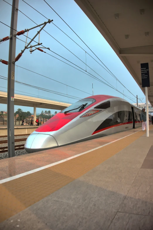 this train has a long platform with lots of power lines above it