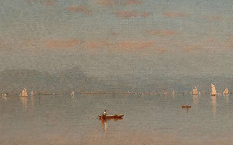 a painting showing boats floating on the water and people standing on the shore