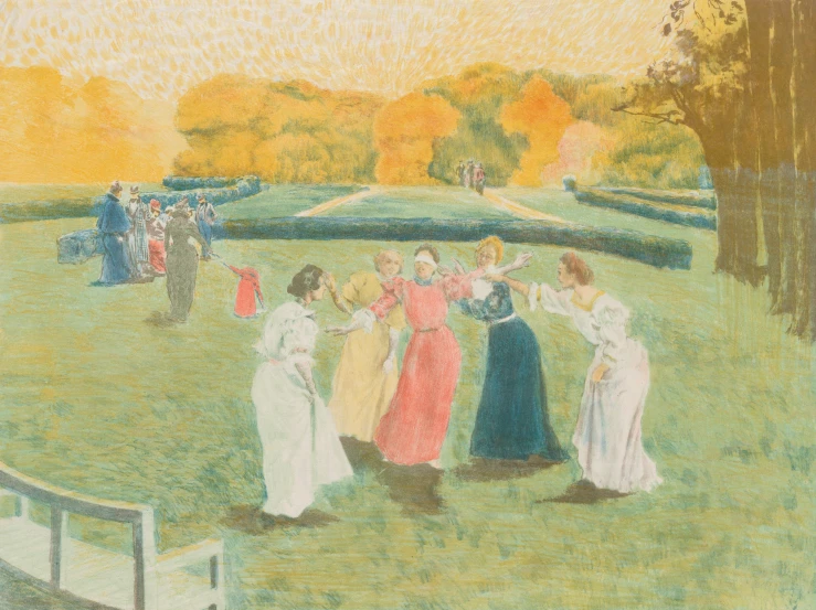some ladies are dancing together in a field