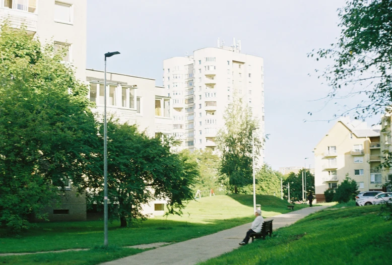 a person in a park sitting on a bench