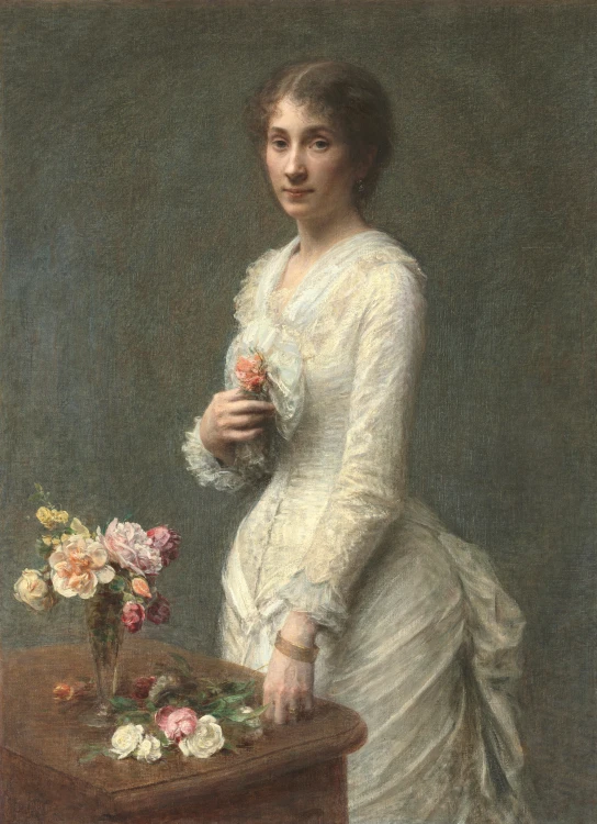 painting of a young lady holding a bunch of flowers