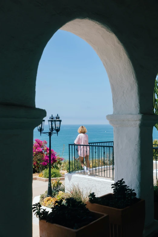 a woman with her back to the camera looking out over the ocean