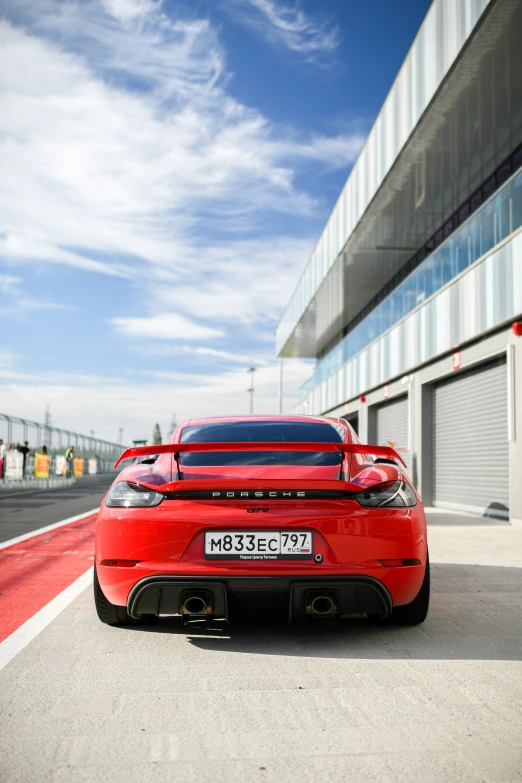 a red sports car parked in front of a building