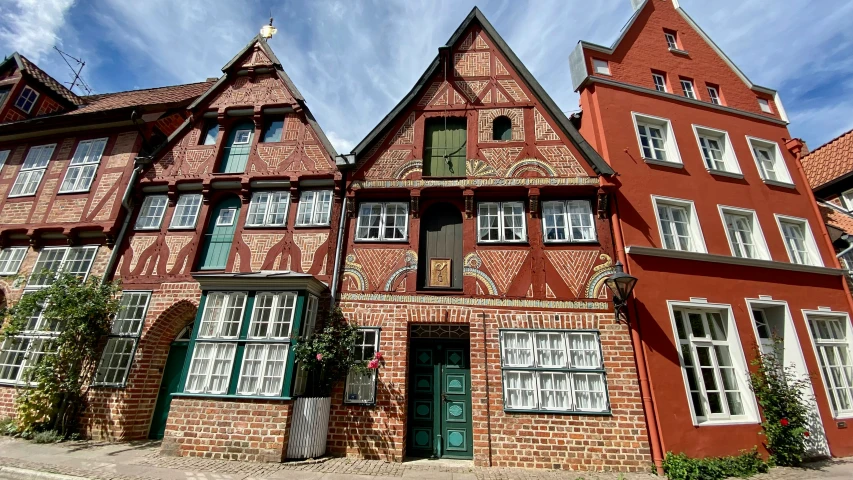 red brick houses are next to each other