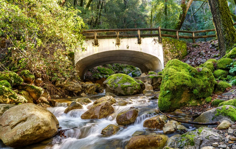 a small bridge over a stream surrounded by rocks