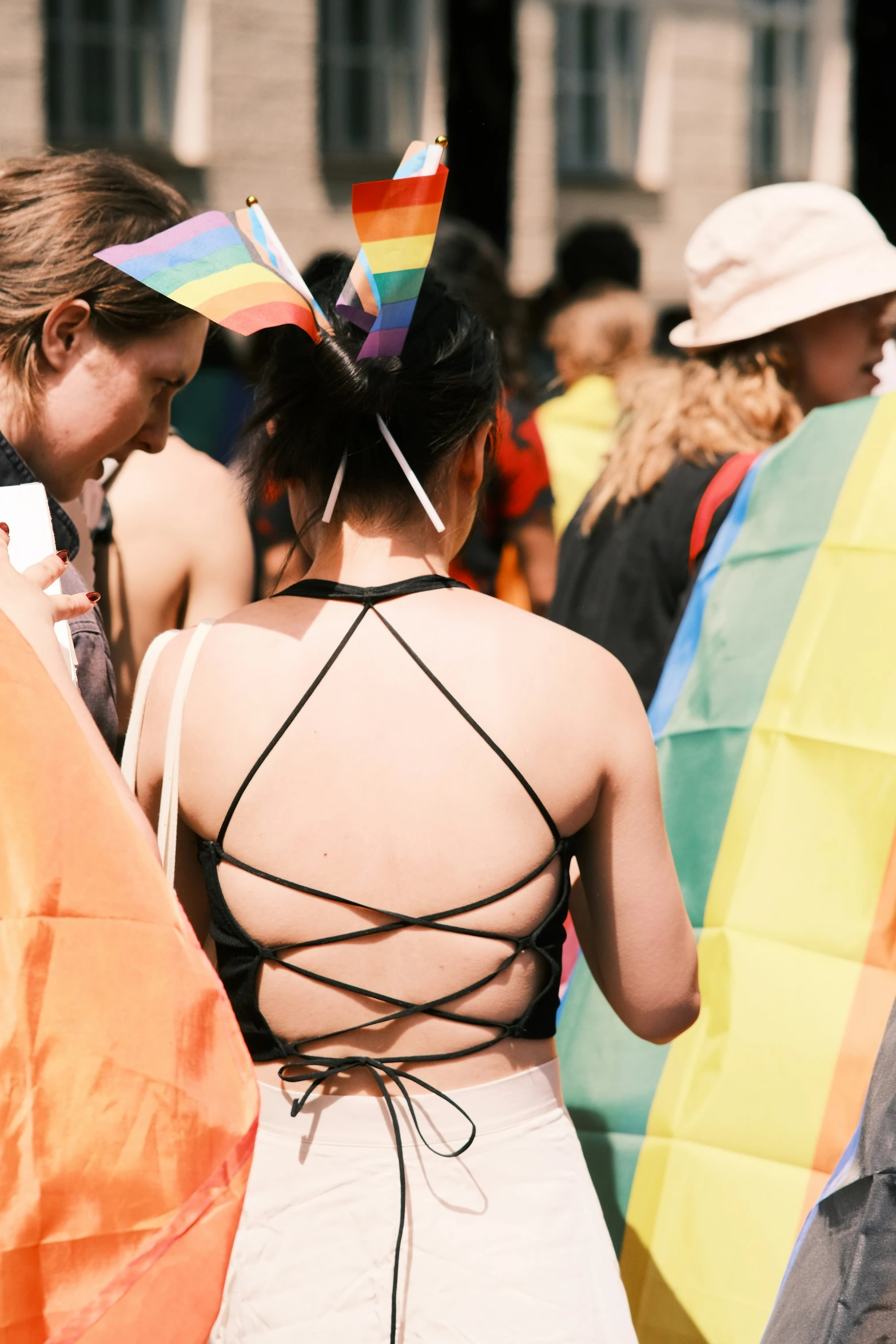 a woman with a striped flag on her head