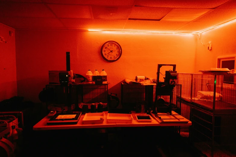 a red light filled room with an open window
