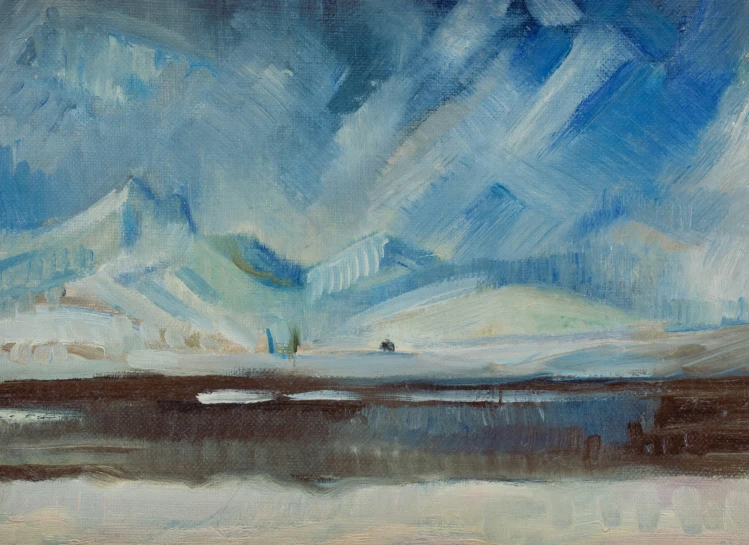a painting with many layers and shapes, one in the center is mostly blue