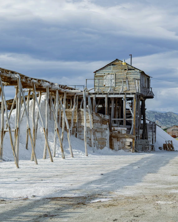 a shack is perched on the rocks in the snow