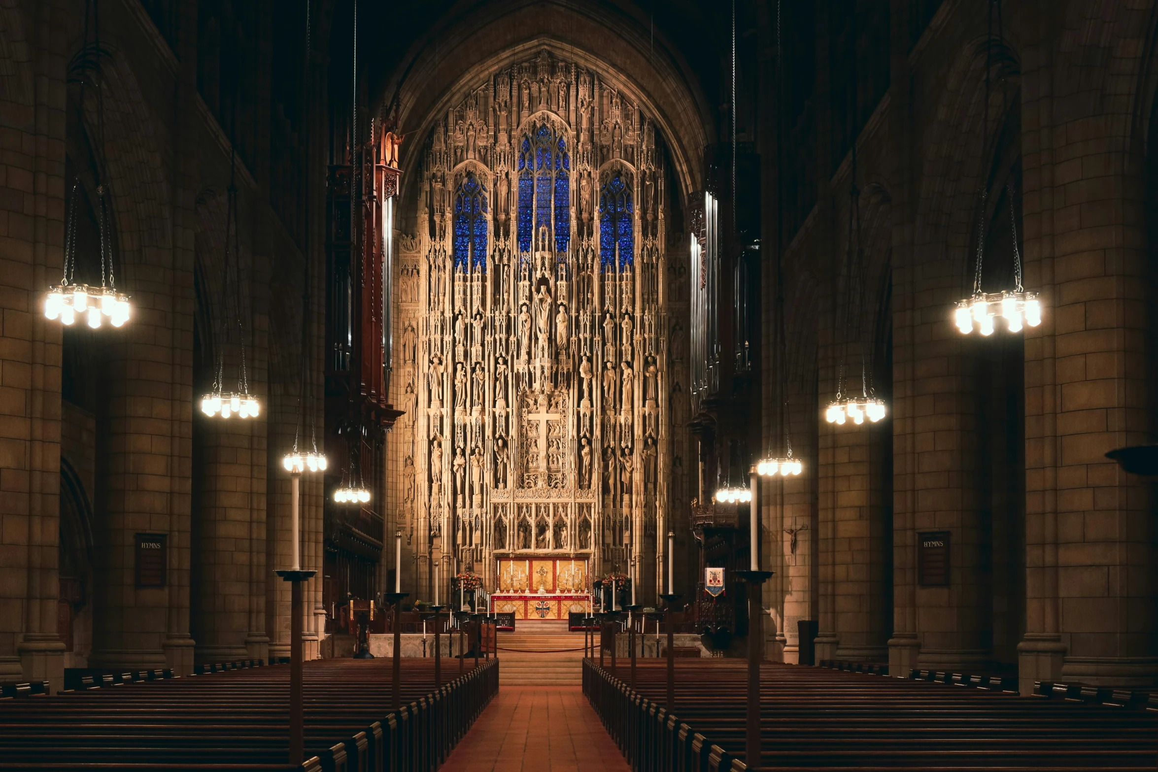 inside view of the cathedral with lit up alter