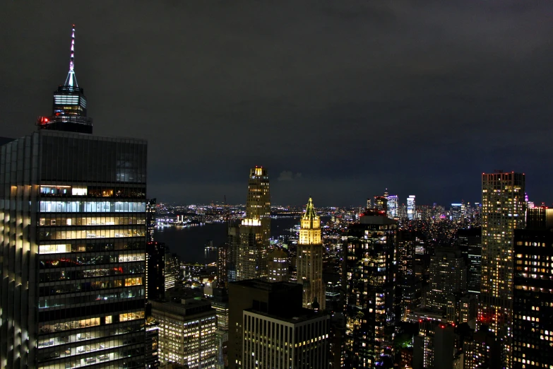 night time aerial view of skyscrs in new york city