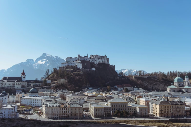 aerial view of town in front of a snow - capped mountain