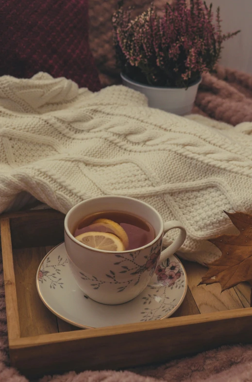 the tray has some lemon slices and a cup on it