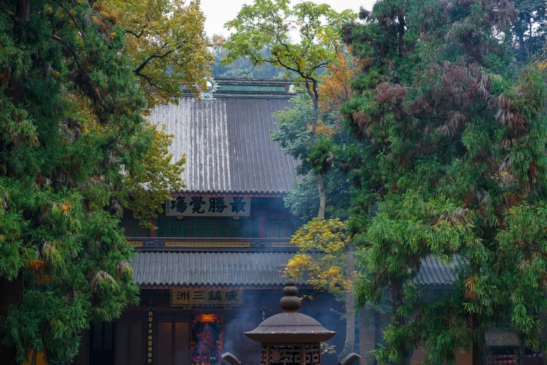 this is the entrance of a temple surrounded by trees and buildings