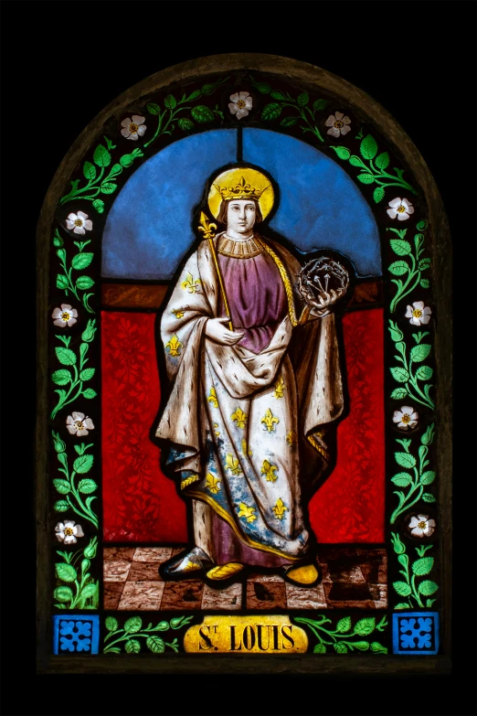 a stained glass window with a man in white robes