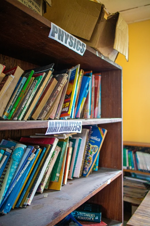 books are on a shelf inside of a room