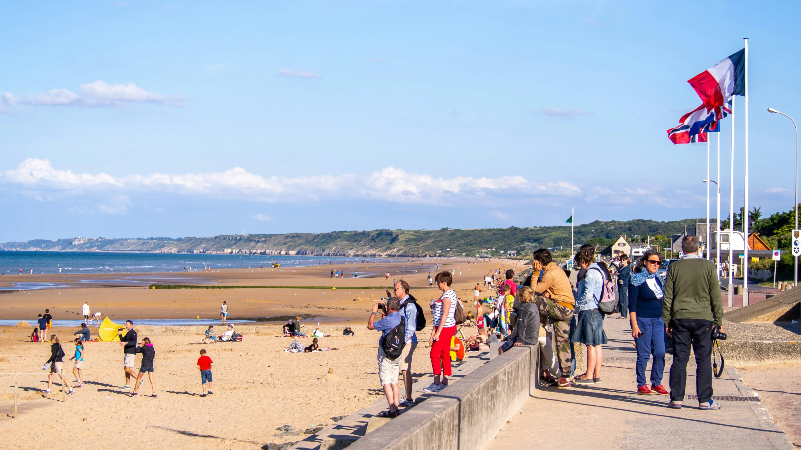 a crowd of people standing on the side of a beach