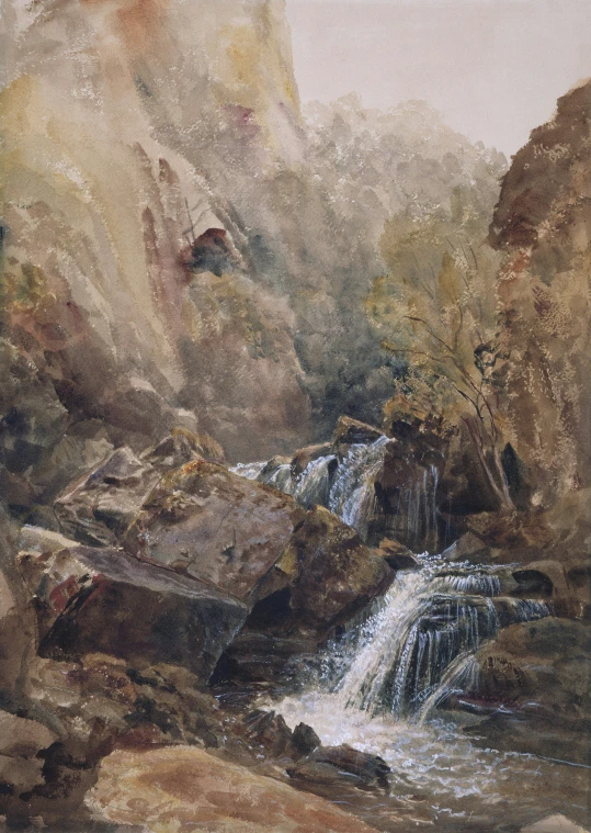 painting of waterfall in mountains in daylight with small stream