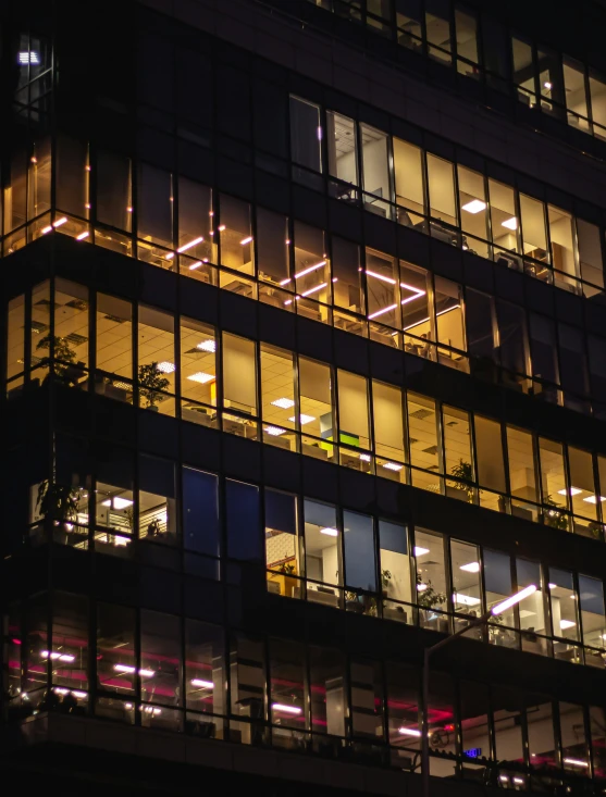 the building has many windows lit up at night